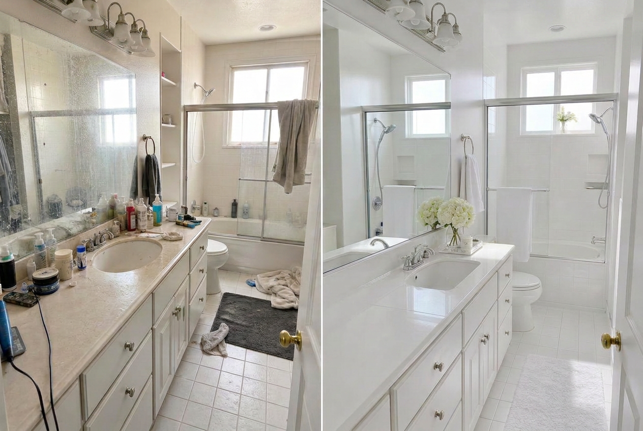 Before and after cleaning comparison of a bathroom