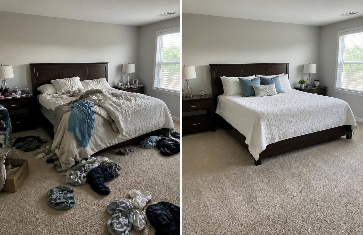 Before and after cleaning comparison of a master bedroom