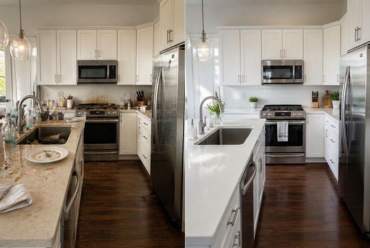Before and after cleaning comparison of a kitchen