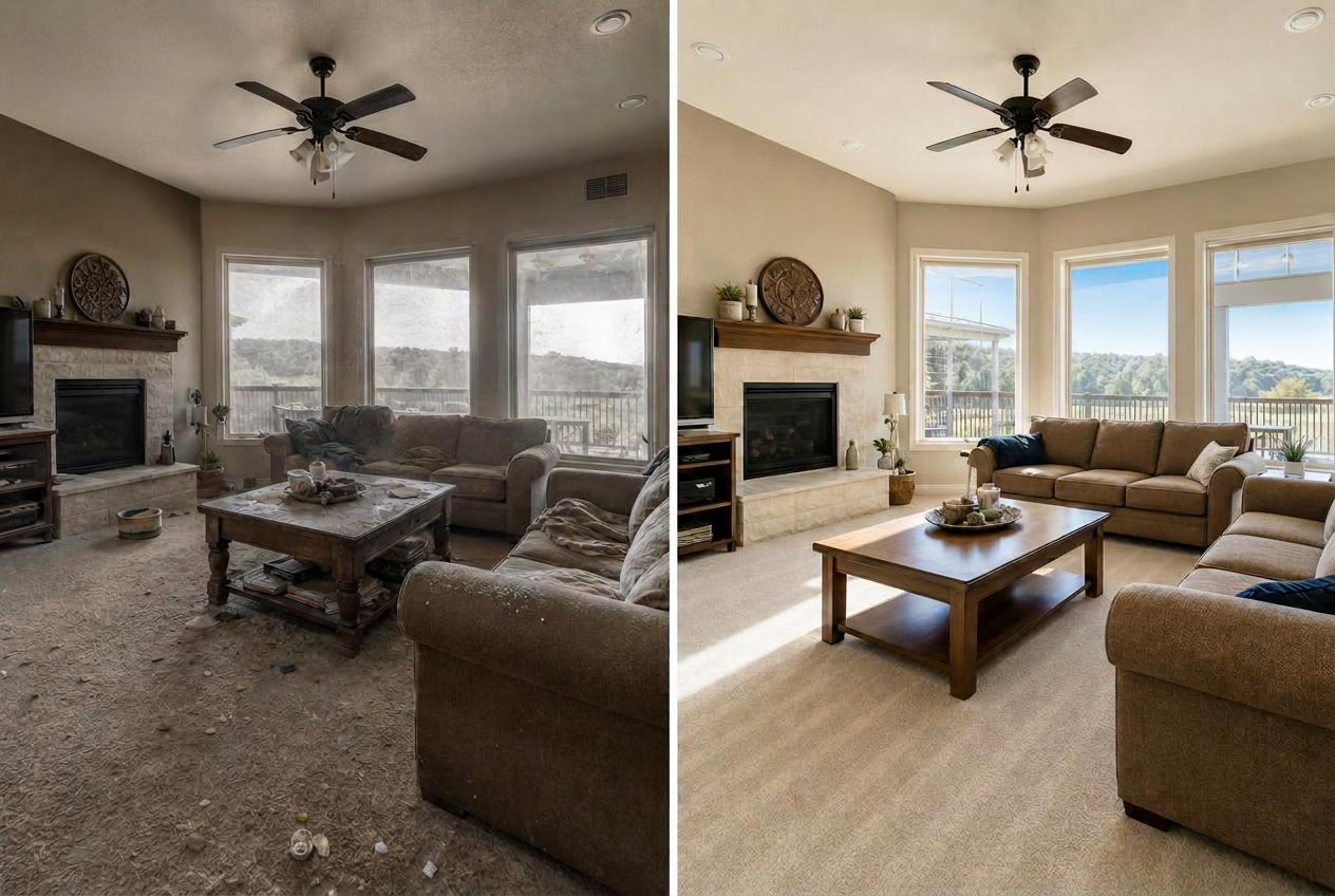 Before and after cleaning comparison of a residential living room