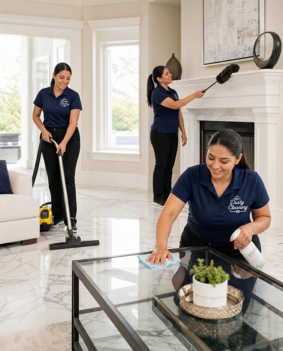 Uniformed Dusty Cleaning technicians at an estate home in The Dominion
