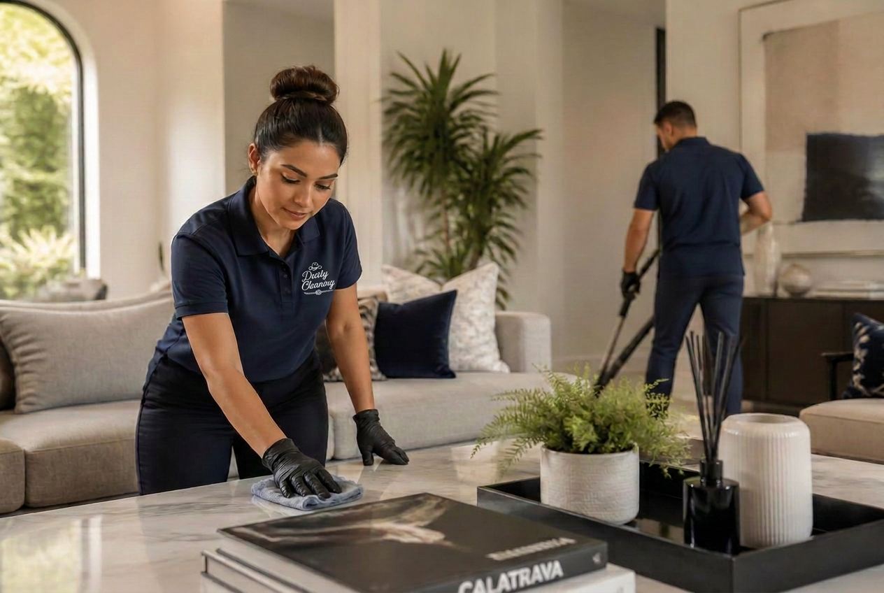 Uniformed Dusty Cleaning team detailing a luxury living room